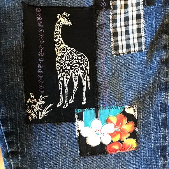 Boho Hippie Patch Jeans, Size 8 Long: Upcycled, Tropical Patchwork, Giraffes - Picture 6 of 16